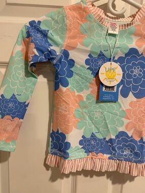 Ruffle Butts Floral Rash Guard in Mint, Peach, Blue